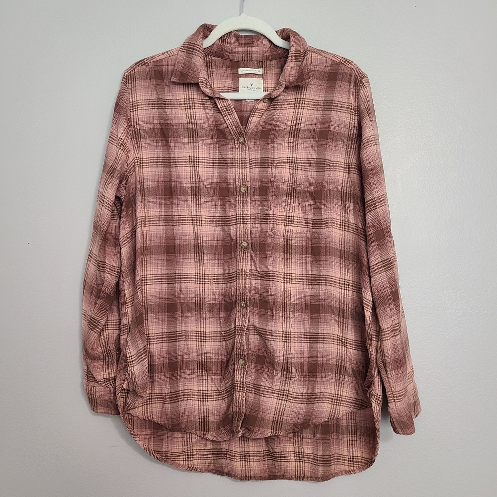 American Eagle Neutral Pink Mauve Plaid Flannel Boyfriend Fit Amazingly Soft XL